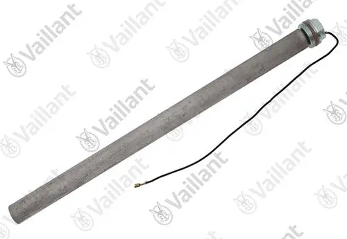 Vaillant-Anode in zylindrischer Form mit Kabelanschluss, auf grauem Hintergrund. Sie dient zum Schutz von Heizwasseranlagen vor Korrosion.
